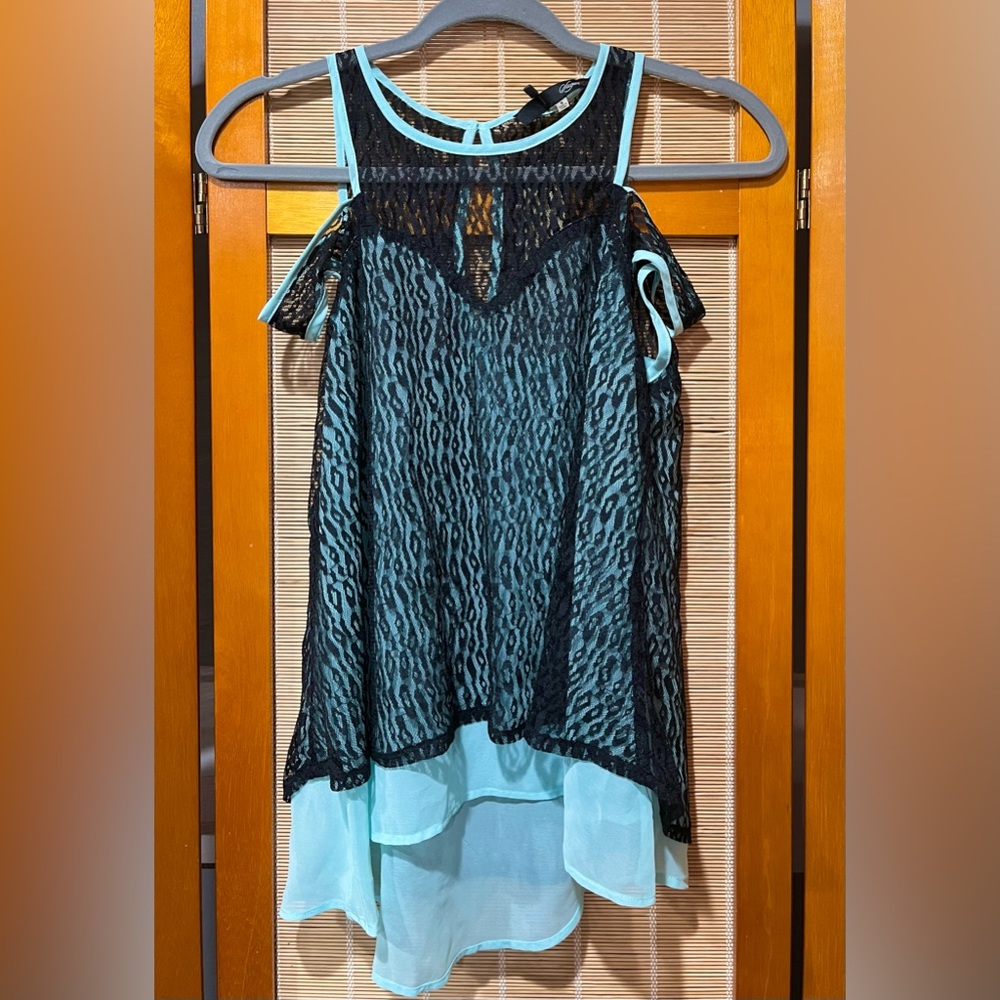 Sugarlips turquoise & black cold shoulder top, size S